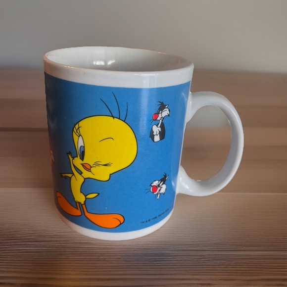 Vintage Mug Tweety Bird And Sylvester Gibson 90s 1998 Blue Yellow Looney Tunes - Picture 3 of 4